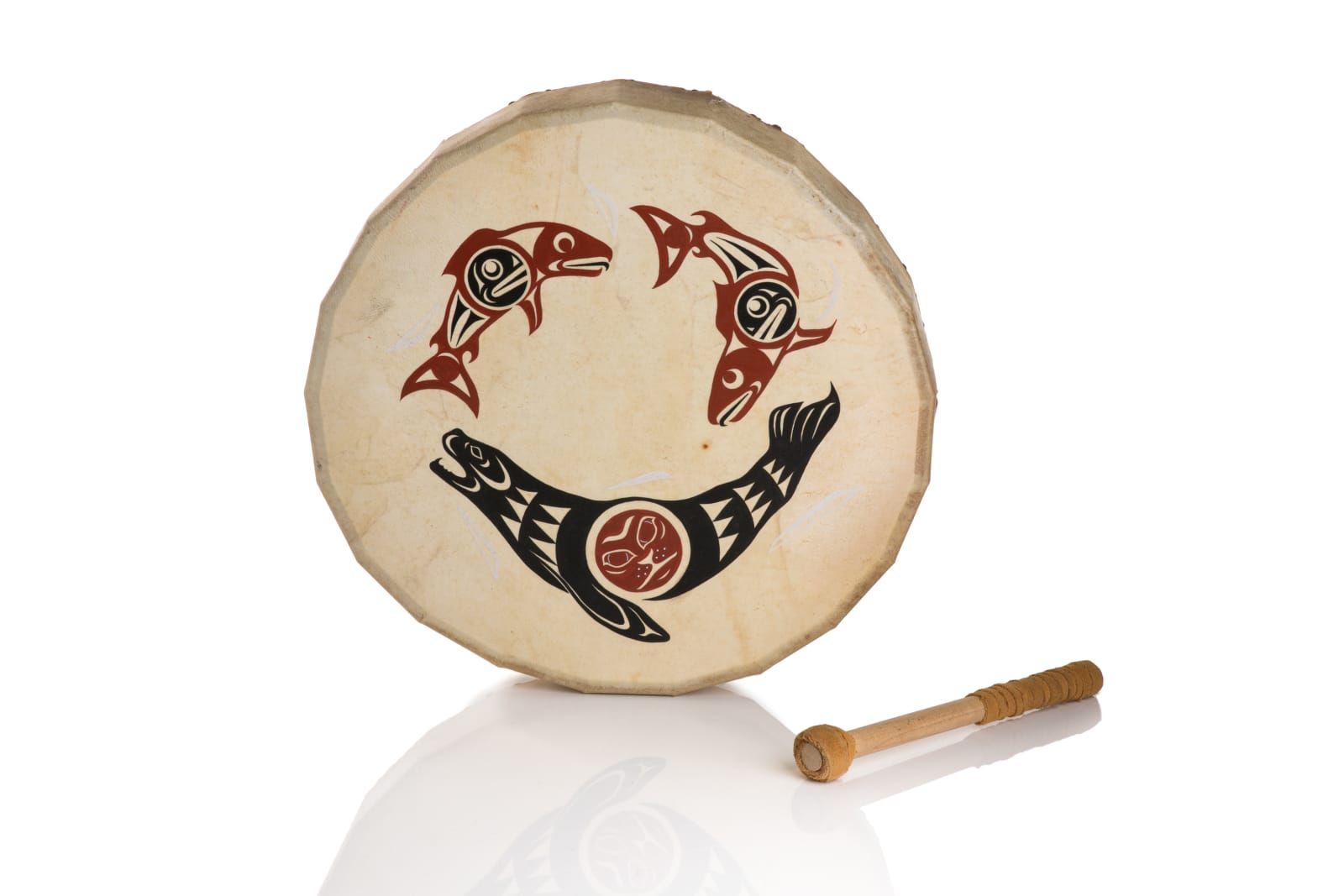 SUSAN POINT, C.C., R.C.A., O.B.C (1952-) MUSQUEAM, COAST SALISH, Drum, Decorated with Seal, Otter and, Salmon and Beater , July 1983