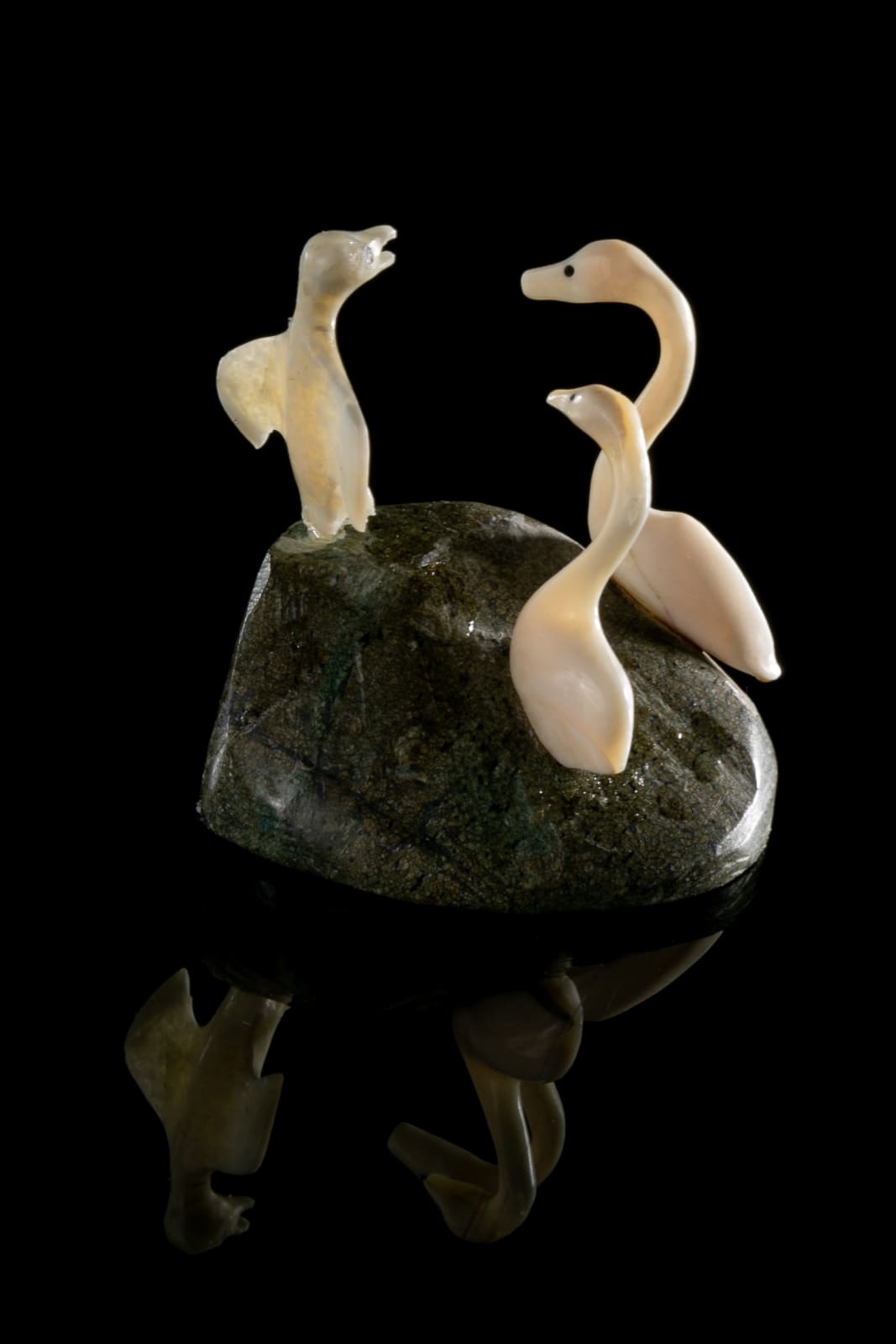 GIDEON QAUQJUAQ (1941-) TALOYOAK (SPENCE BAY), Three Birds on Base, 1970s or 1980s