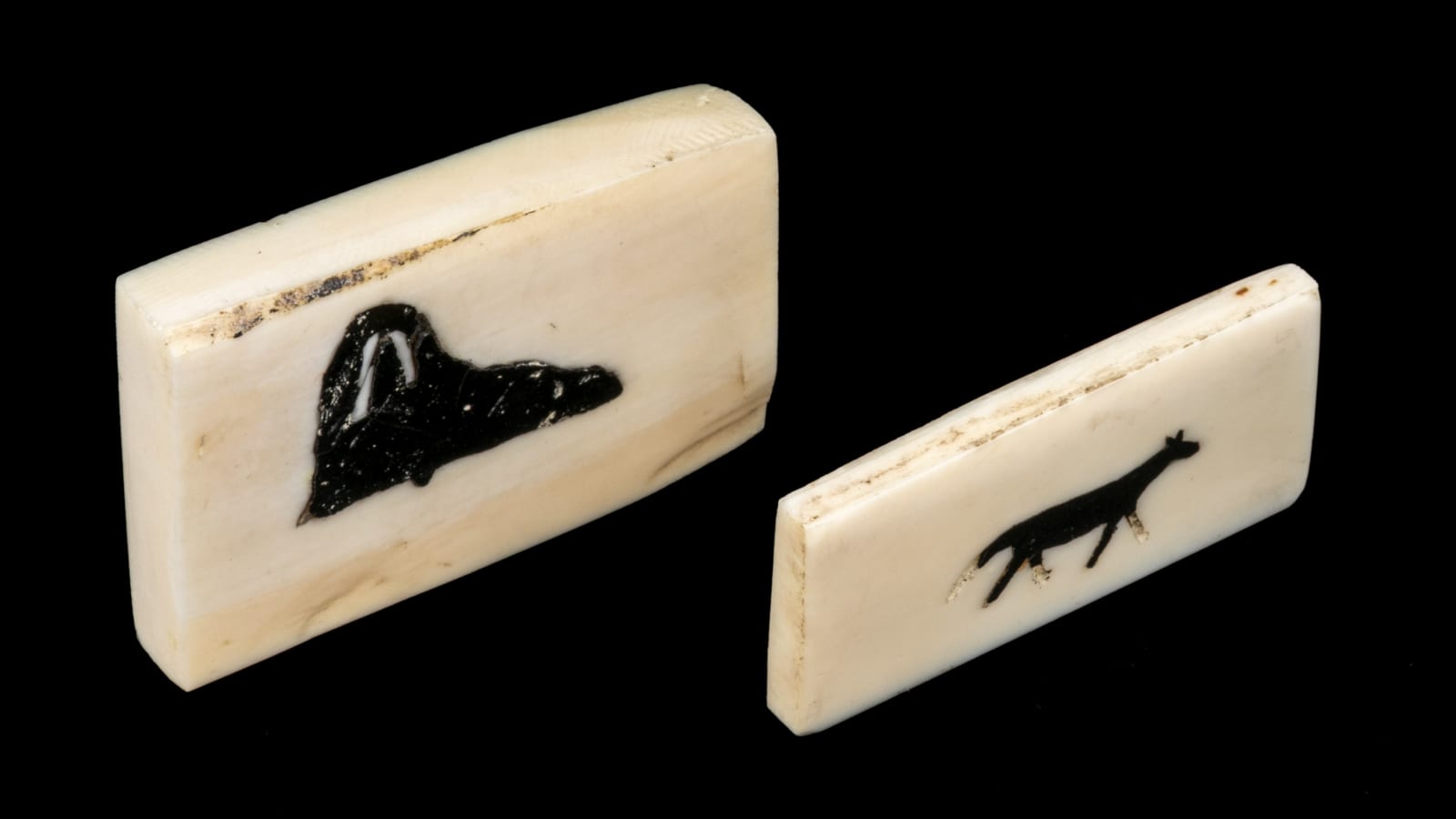 UNIDENTIFIED ARTISTS, INUKJUAK (PORT HARRISON), Two Ivory Plaques with Walrus and Fox, c. early 1950s