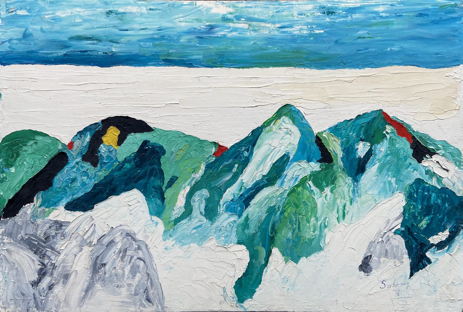 SOHANEY (JACK DOUGLAS HOWARD SCHONEY WILKINSON, DOUG WILKINSON, JACK DOUGLAS WILKINSON, JACK AXEL WILKINSON, JOHNNY CANOE) (1919-1979), HÚŊKPAPȞA LAKȞÓTA NATION, Untitled (Snow Laden Mountains), 1978