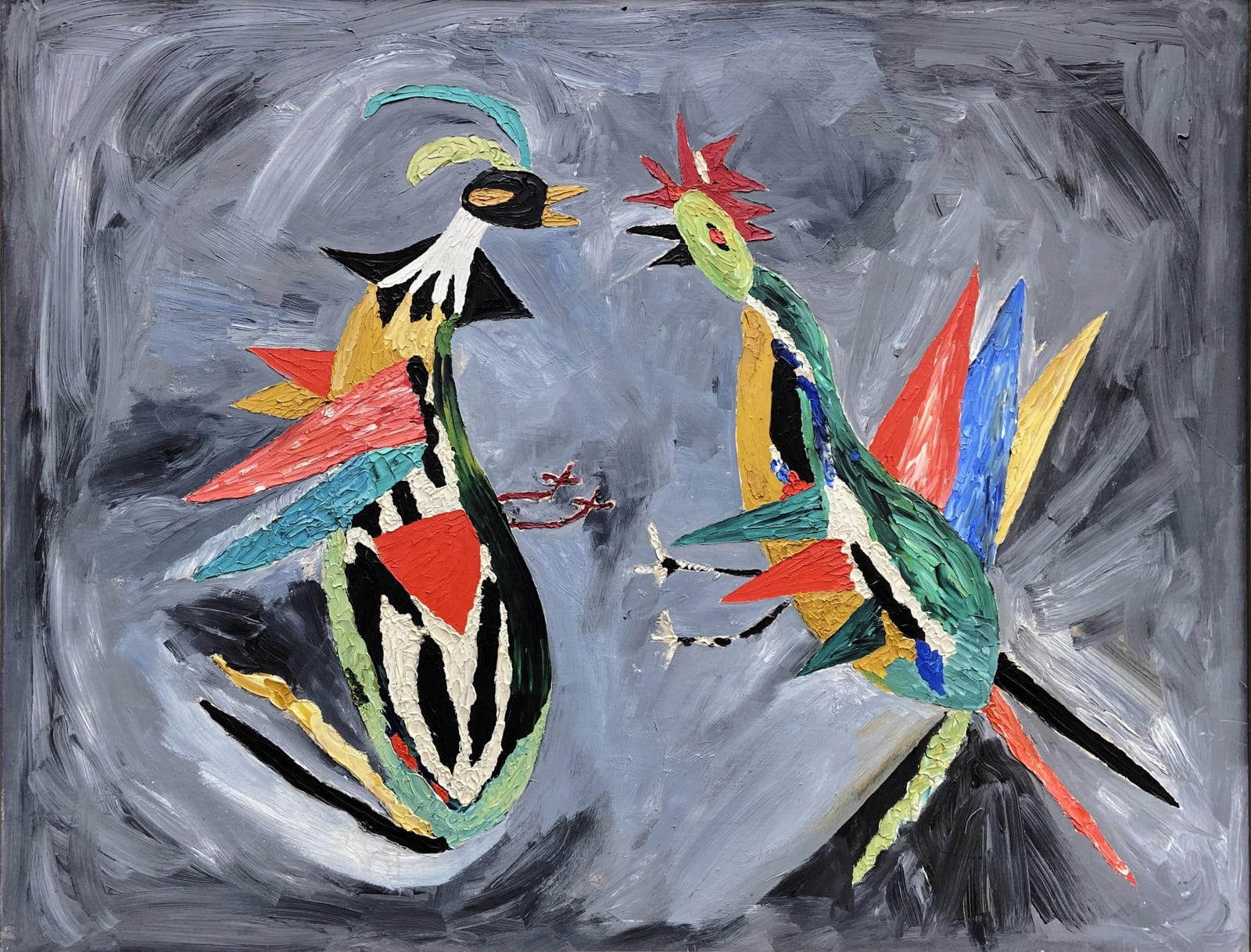 SOHANEY (JACK DOUGLAS HOWARD SCHONEY WILKINSON, DOUG WILKINSON, JACK DOUGLAS WILKINSON, JACK AXEL WILKINSON, JOHNNY CANOE) (1919-1979), HÚŊKPAPȞA LAKȞÓTA NATION, Untitled (Opposing Birds / Fighting Cocks), c. 1957
