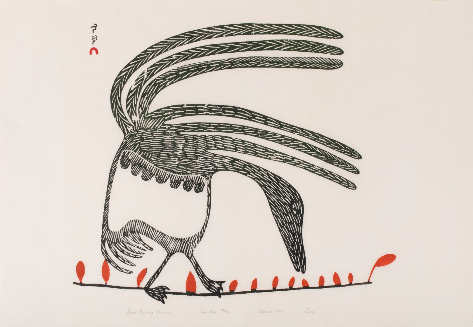 LUCY QINNUAYUAK (1915-1982) KINNGAIT (CAPE DORSET), Bird Eating Berries, 1968 (1969 #37)