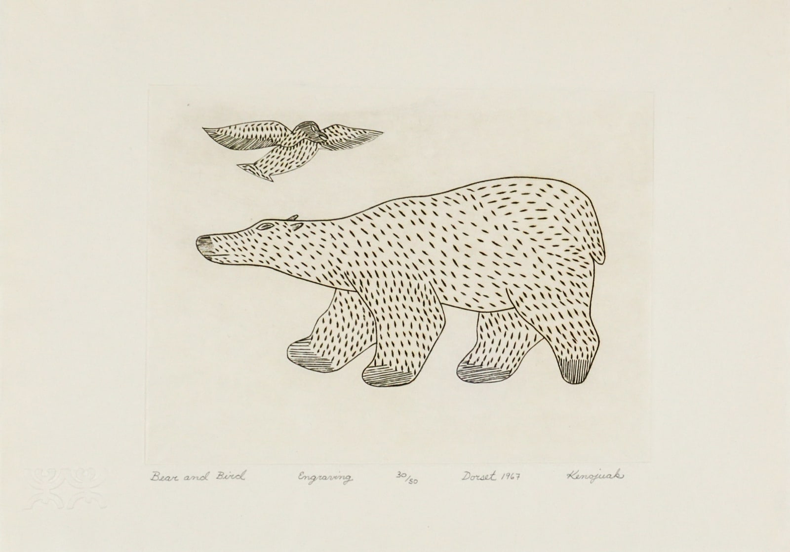 KENOJUAK ASHEVAK, C.C., R.C.A. (1927-2013) KINNGAIT (CAPE DORSET), Bear and Bird, 1967 (1999 #10)