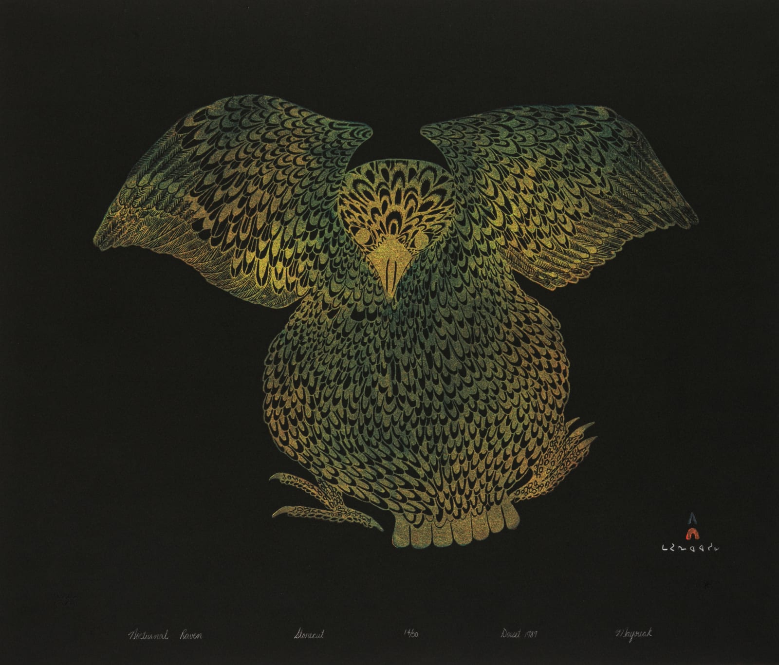 MAYOREAK ASHOONA, R.C.A. (1946-) KINNGAIT (CAPE DORSET), Nocturnal Raven, 1989 #17
