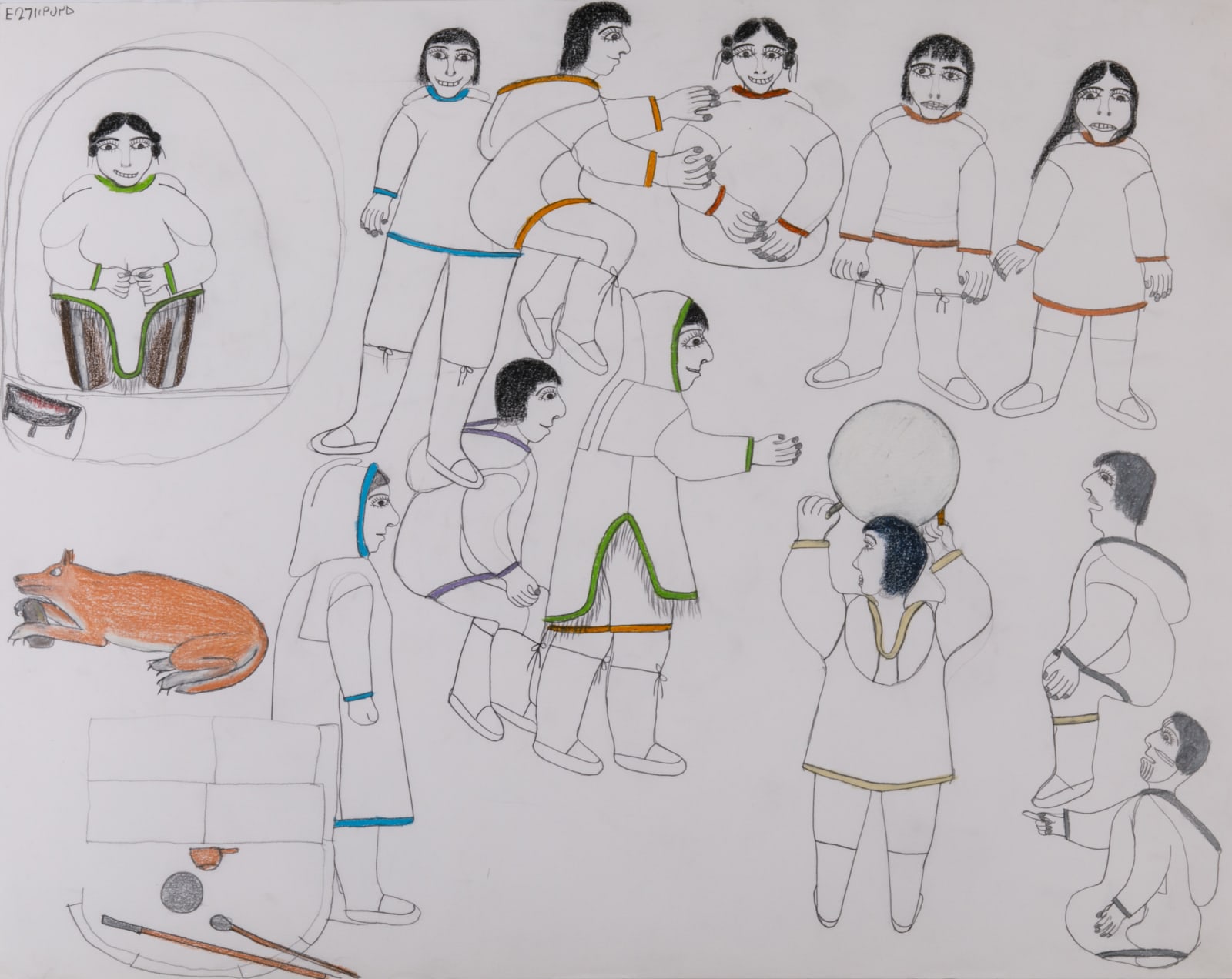 JANET KIGUSIUQ (1926-2005) QAMANI'TUAQ (BAKER LAKE), Camp Scene with Drum Dance, Kneeling Woman, and a Feeding Dog, mid-late 1970s