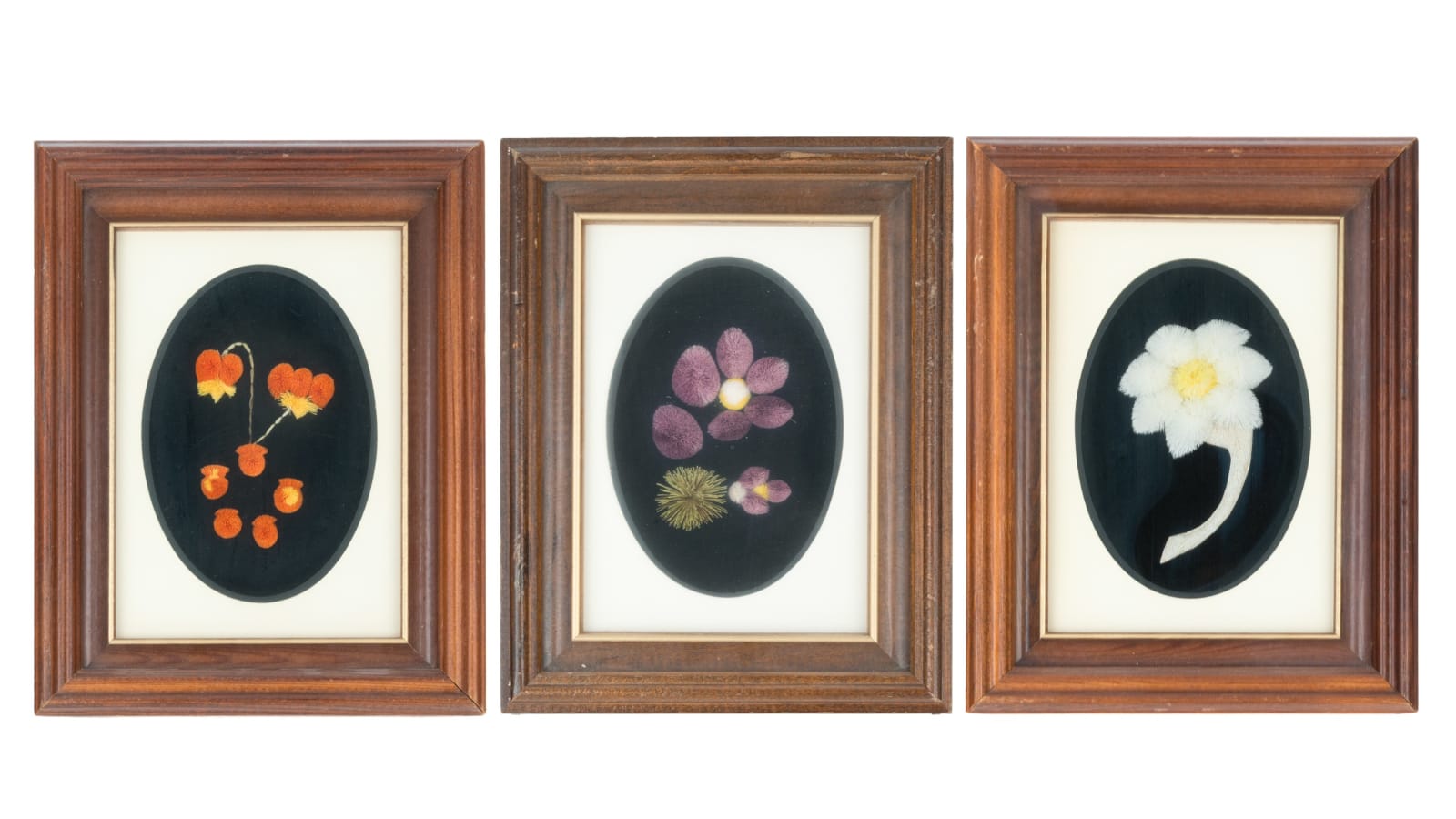 Three Artists: MYRTILLE DEMEULLES (DE MEULLES) (1941-), MÉTIS, CHURCHILL MANITOBA; GLORIA McKINNEY, CHURCHILL, MANITOBA; and JESSIE HENDERSON, CHURCHILL, MANITOBA, Three Tufted Caribou Hair Flowers, March 1986 & October 1988