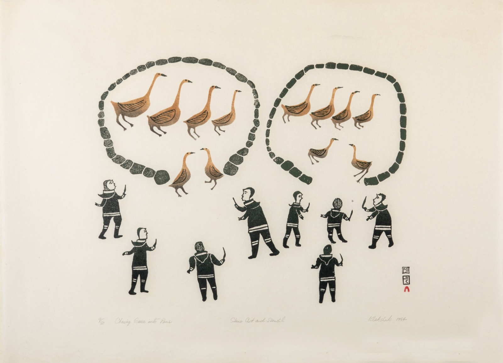 KIAKSHUK (1886-1966) KINNGAIT (CAPE DORSET), Chasing Geese Into Pens, 1964 (2012 #4)