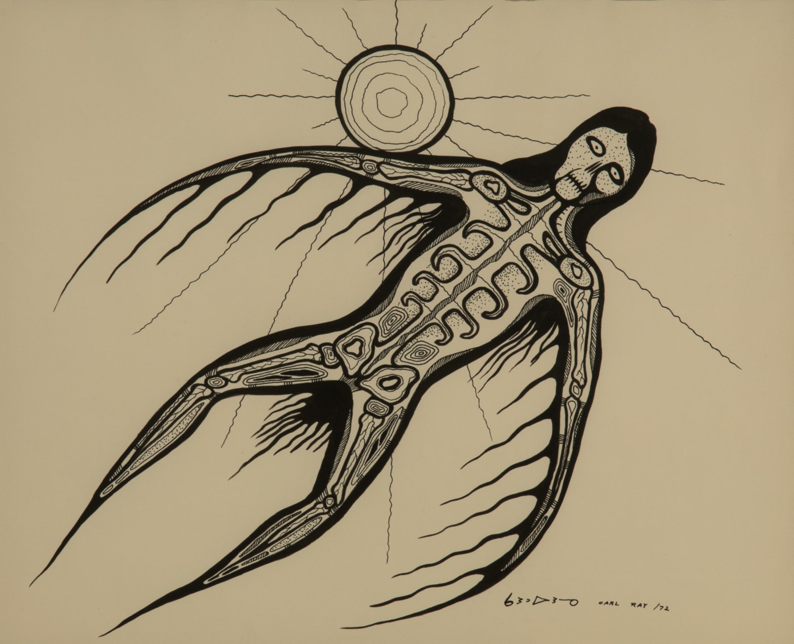 CARL RAY (1943-1978) ANISHINAABE (OJIBWE), Untitled (Flying Skeletal Figure), 1972