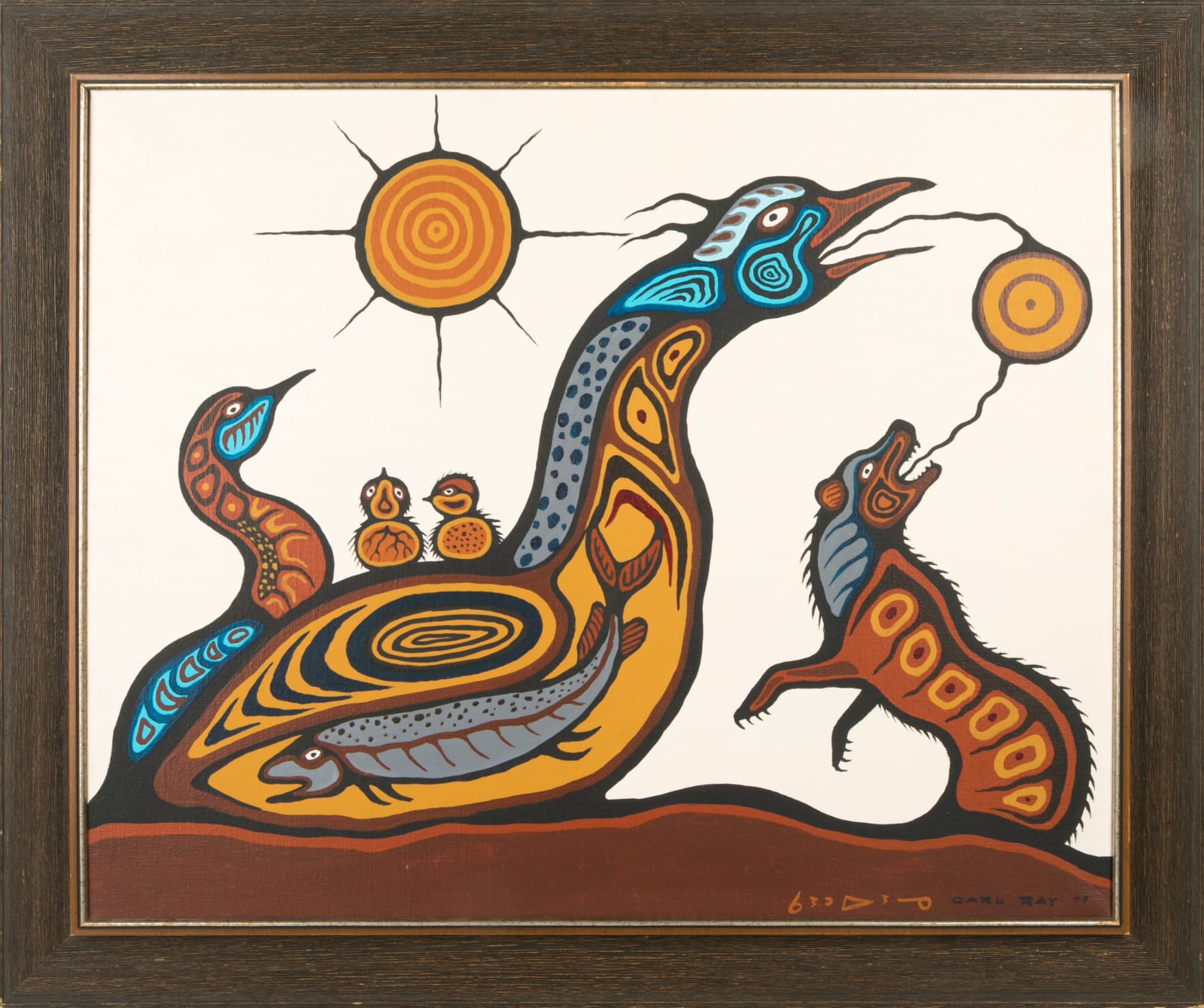CARL RAY (1943-1978) CREE, Bird with Hatchlings, Swallowed Fish, and a Wolf, 1977