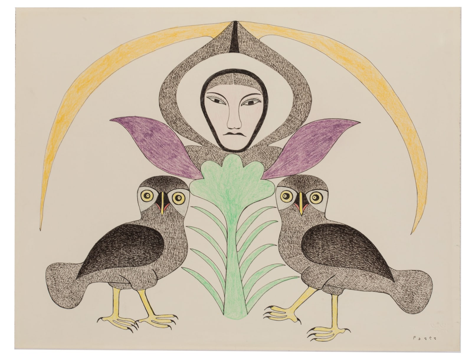 KENOJUAK ASHEVAK, C.C., R.C.A. (1927-2013) KINNGAIT (CAPE DORSET), Untitled (Woman with Owls and Flora), c. 1989-1990