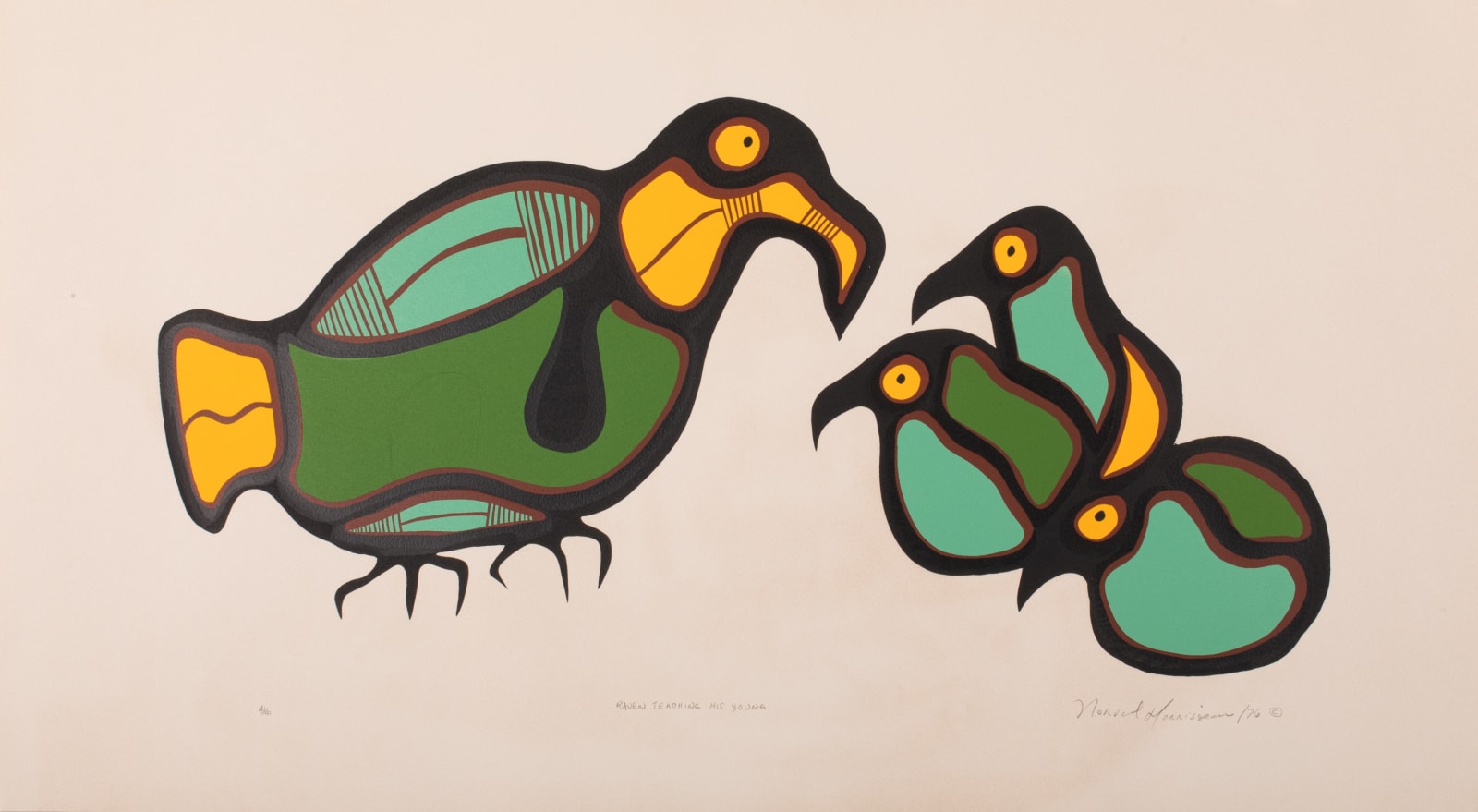 NORVAL MORRISSEAU, C.M. (1931-2007) ANISHINAABE (OJIBWE), Raven Teaching His Young, 1976