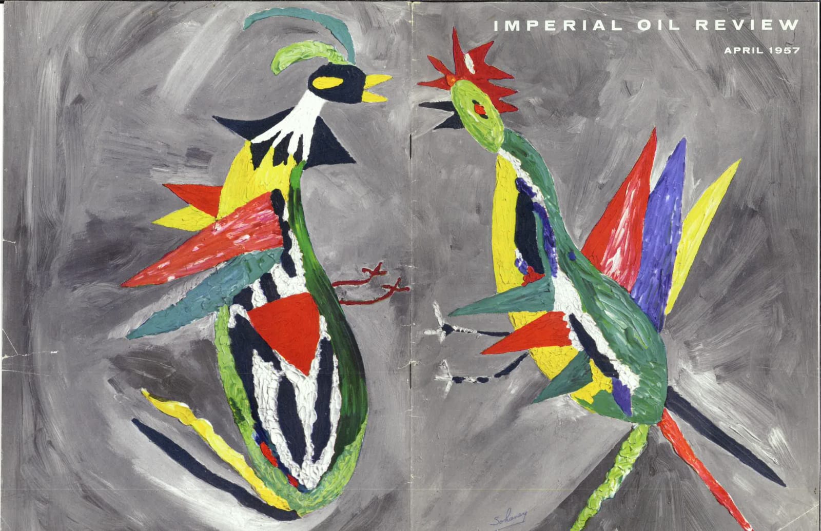 SOHANEY (JACK DOUGLAS HOWARD SCHONEY WILKINSON, DOUG WILKINSON, JACK DOUGLAS WILKINSON, JACK AXEL WILKINSON, JOHNNY CANOE) (1919-1979), HÚŊKPAPȞA LAKȞÓTA NATION, Untitled (Opposing Birds / Fighting Cocks), c. 1957