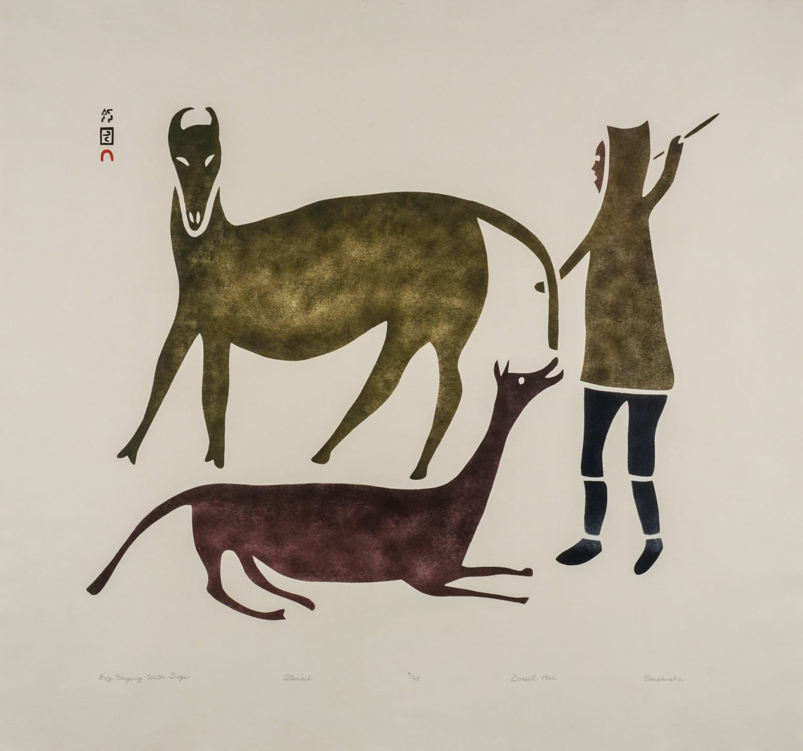 ELEESHUSHE PARR (1896-1975) KINNGAIT (CAPE DORSET), Boy Playing With Dogs, 1966 (2012)