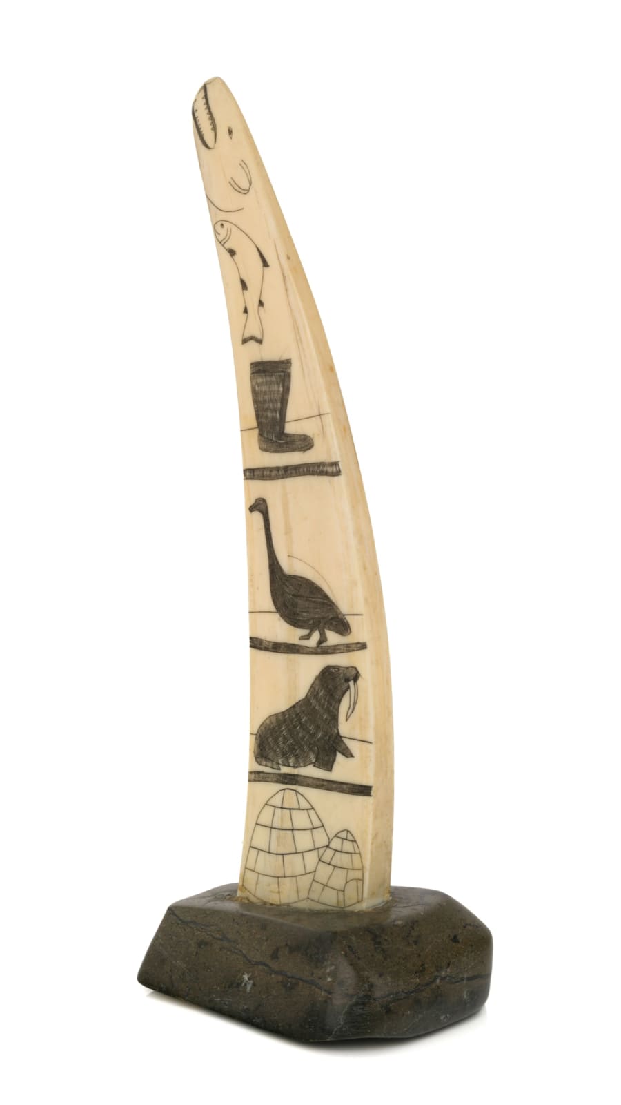 UNIDENTIFIED ARTIST, KIMMIRUT (LAKE HARBOUR) or KINNGAIT (CAPE DORSET), Incised Tusk with Arctic Motifs, 1970s
