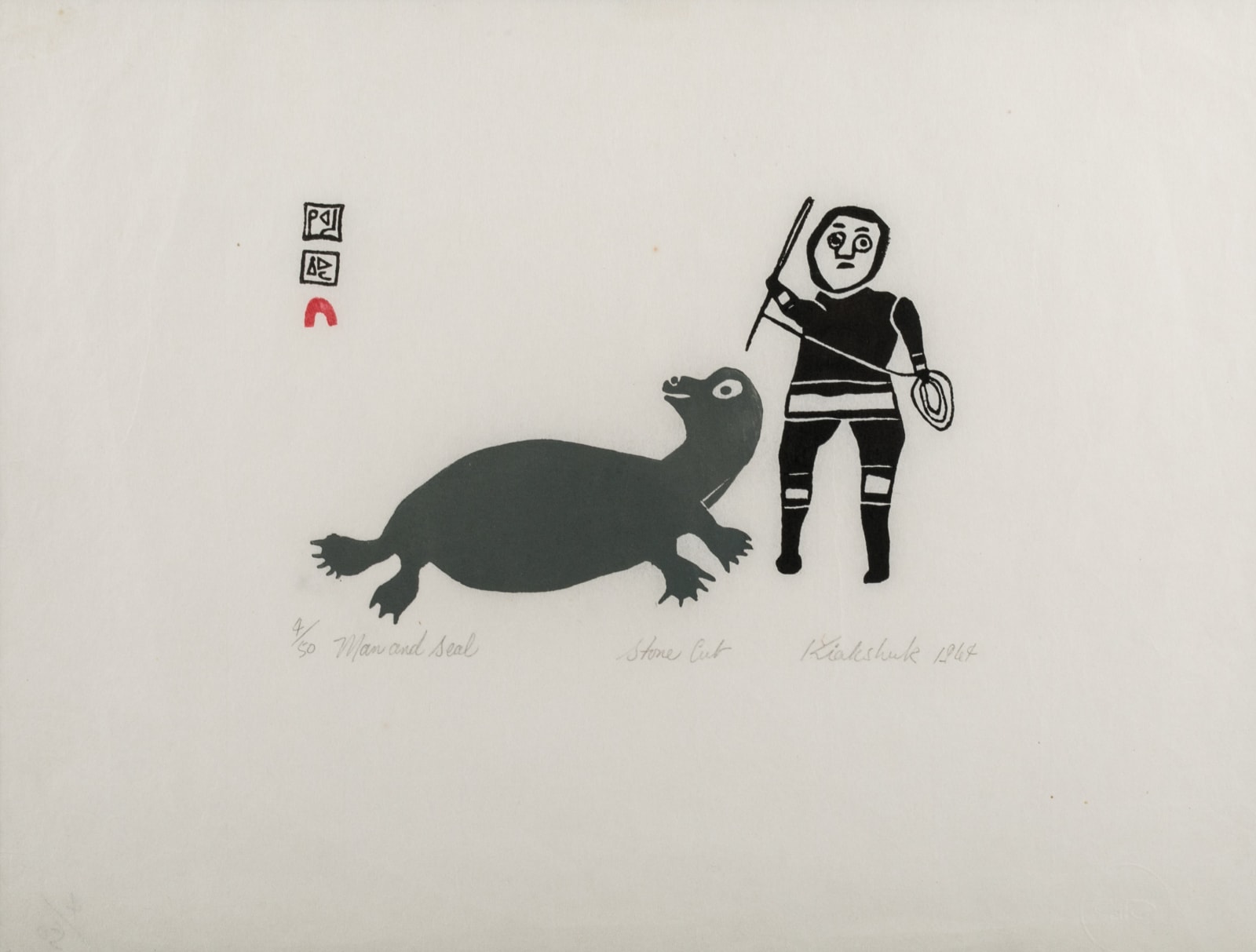 KIAKSHUK (1886-1966) KINNGAIT (CAPE DORSET), Man and Seal, 1964 (1964/5 #20)