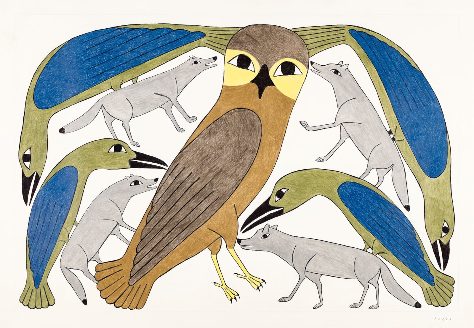 KENOJUAK ASHEVAK, C.C., R.C.A. (1927-2013) KINNGAIT (CAPE DORSET), Owl Protected by Wolves and Birds, March 2005