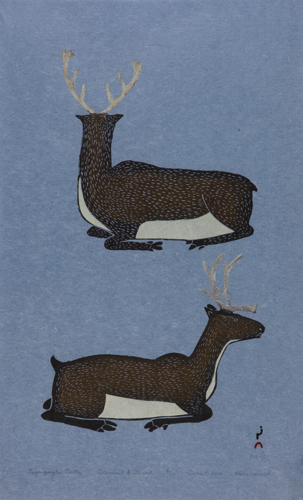 KANANGINAK POOTOOGOOK, R.C.A. (1935-2010) KINNGAIT (CAPE DORSET), Taqaiqsiqtu Tuttu (Resting Caribou), 2010 #3