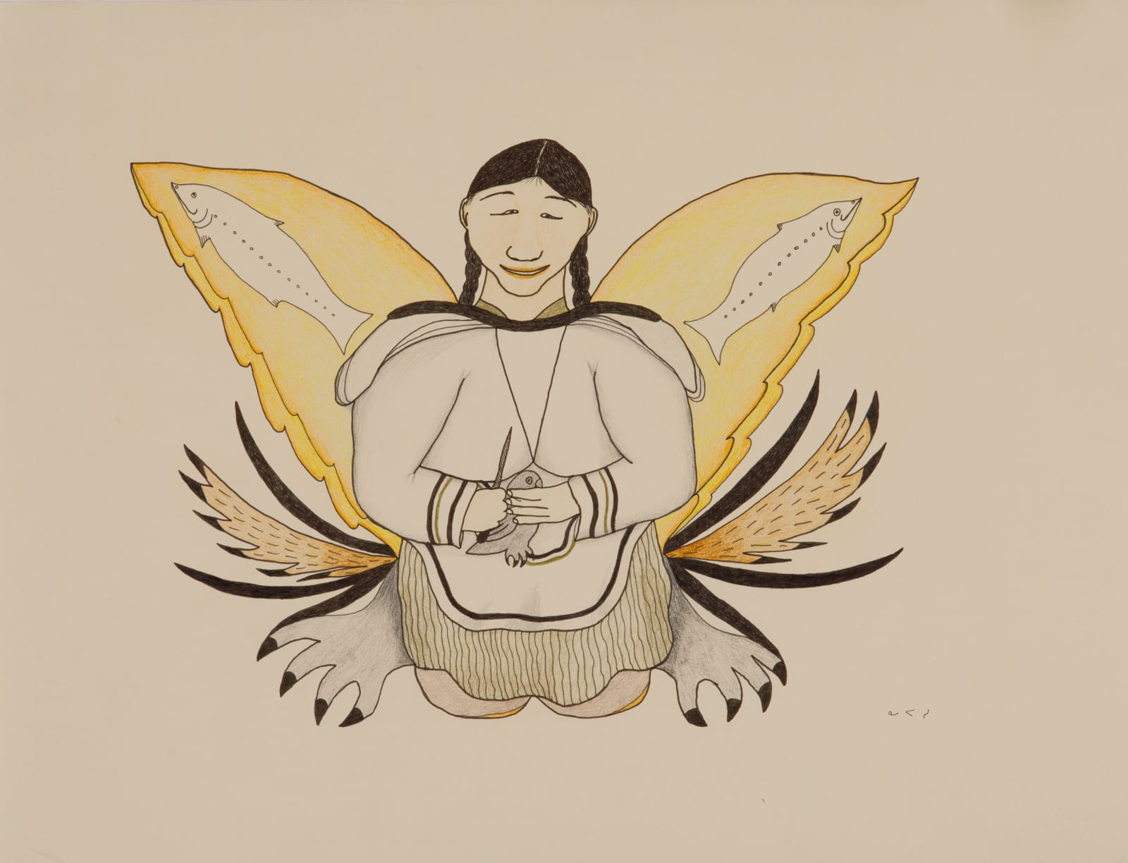 NAPACHIE POOTOOGOOK (1938 -2002) KINNGAIT (CAPE DORSET), Woman Carving a Bird, 1994/5