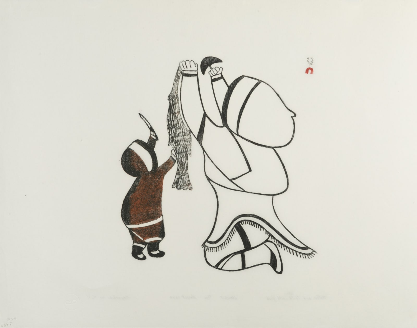 NAPACHIE POOTOOGOOK (1938 -2002) KINNGAIT (CAPE DORSET), Mother and Child with Fish, 1977 #40