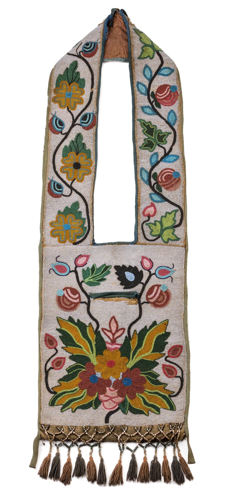 UNIDENTIFIED ANISHINAABE (OJIBWE) ARTIST Beaded Bandolier Bag (Gashkibidaagan),, c. 1890-1910 cloth, glass beads, wool tassels, and cotton thread, 45 x 13 x 0.75 in (114.3 x 33 x 1.9 cm)
