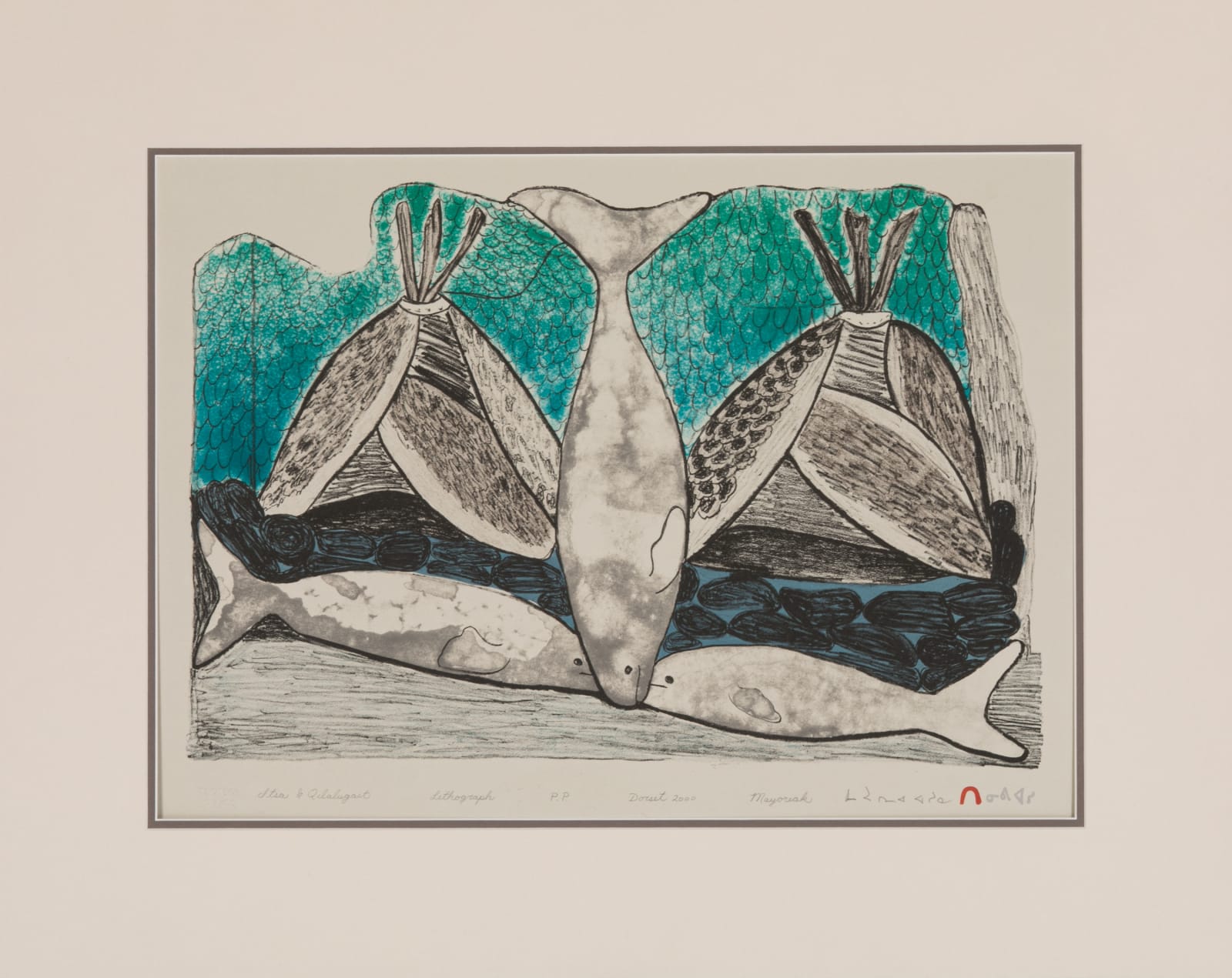 MAYOREAK ASHOONA, R.C.A. (1946-) KINNGAIT (CAPE DORSET), Itsa & Qilalugait (Seal-skin Tent & Beluga Whales), Spring 2000 #12
