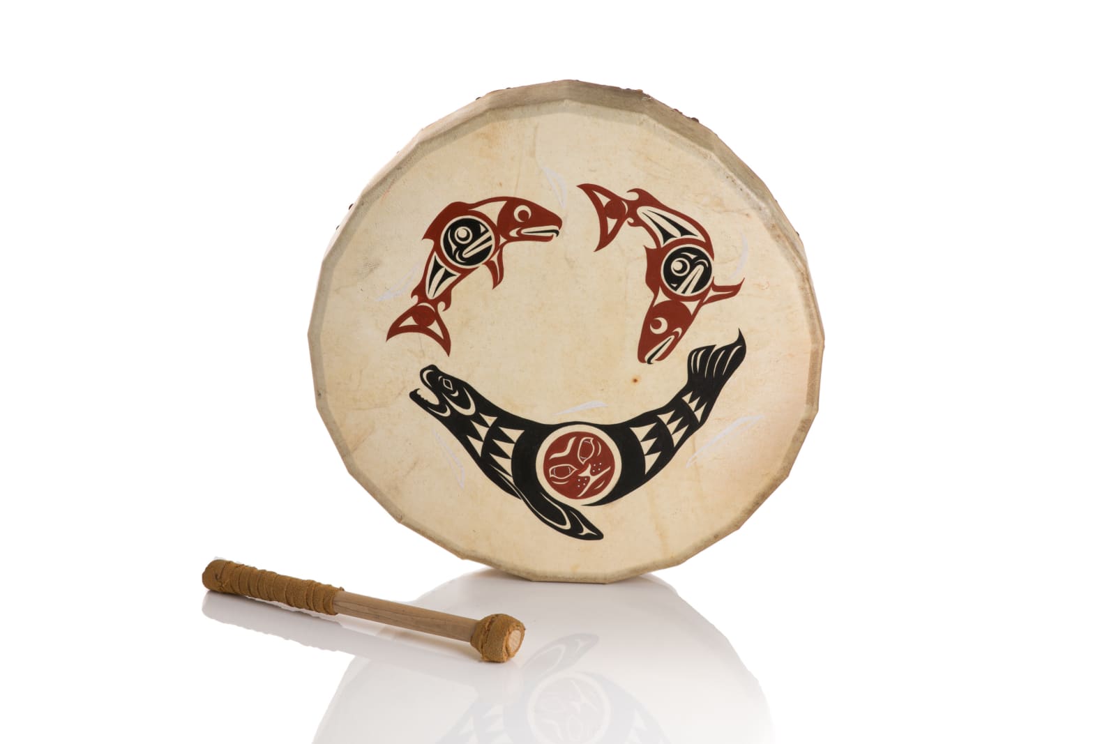 SUSAN POINT, C.C., R.C.A., O.B.C (1952-) MUSQUEAM, COAST SALISH, Drum, Decorated with Seal, Otter and, Salmon and Beater , July 1983