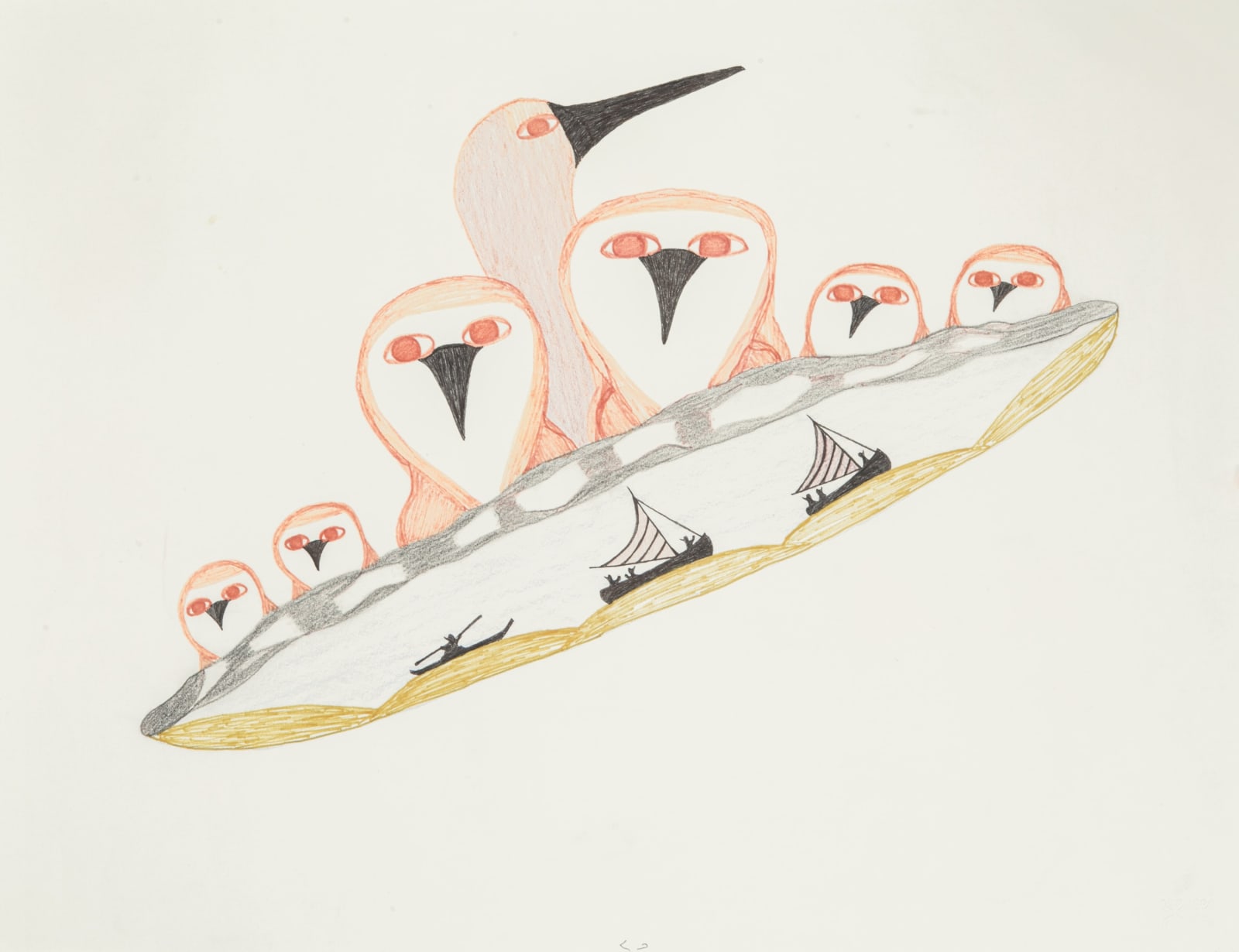 PUDLO PUDLAT (1916-1992) KINNGAIT (CAPE DORSET), Men Hunting by Water Vessels while Birds Overlook, c. 1990-91