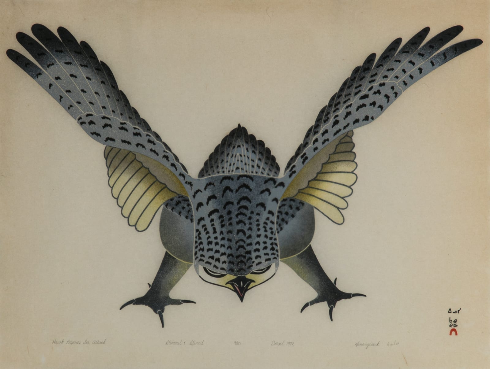 KANANGINAK POOTOOGOOK, R.C.A. (1935-2010) KINNGAIT (CAPE DORSET), Hawk Prepares for Attack, 1992 #7