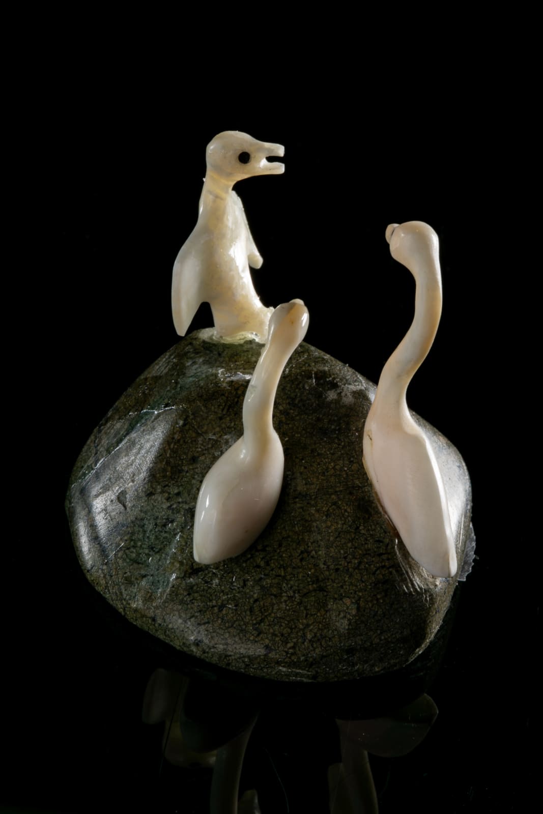 GIDEON QAUQJUAQ (1941-) TALOYOAK (SPENCE BAY), Three Birds on Base, 1970s or 1980s