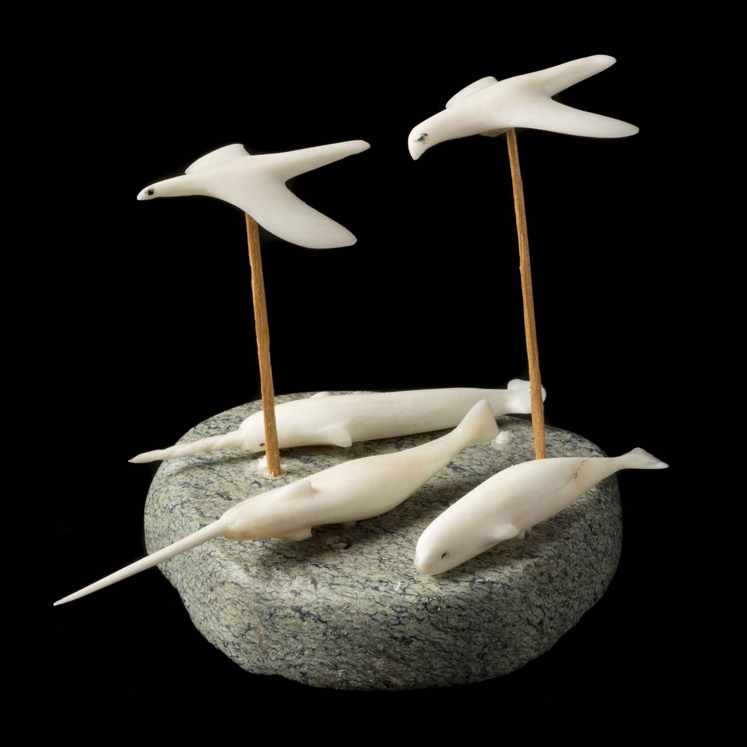 MARGUERITE ANERNERK KATOKRA (1934-), NAUJAAT (REPULSE BAY), Two Flying Birds, Two Narwhals and a Beluga, 1970