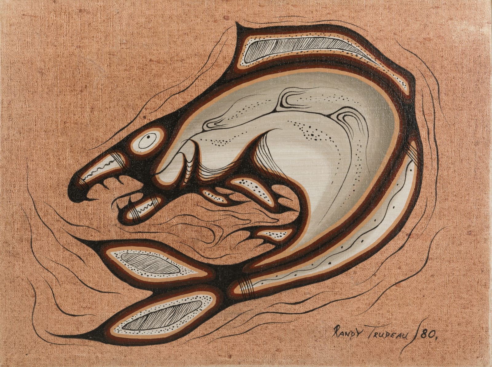 RANDY MSHEEKEHN TRUDEAU (1965-) ANISHINAABE (ODAWA-OJIBWE), M'CHIGEENG FIRST NATION, The Great Salmon Warns his People of the Waters, 1980