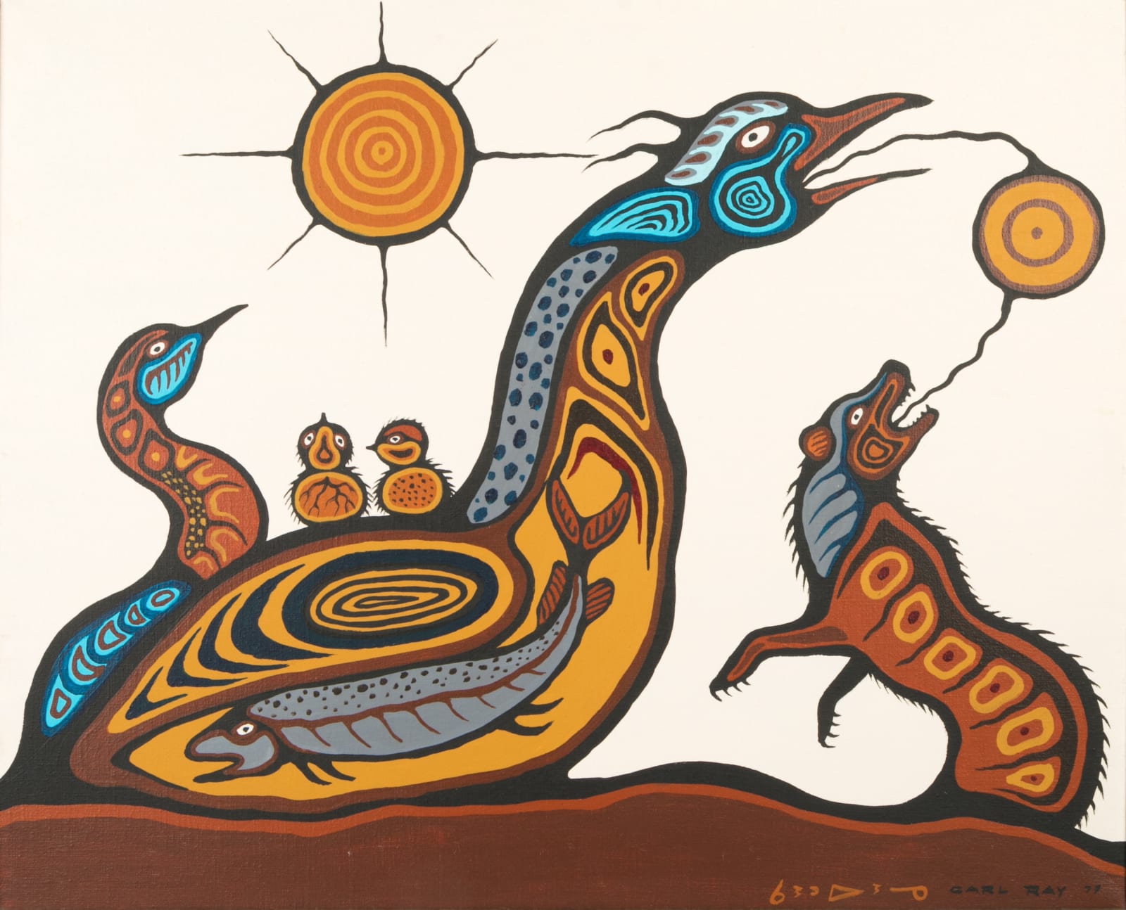 CARL RAY (1943-1978) CREE, Bird with Hatchlings, Swallowed Fish, and a Wolf, 1977