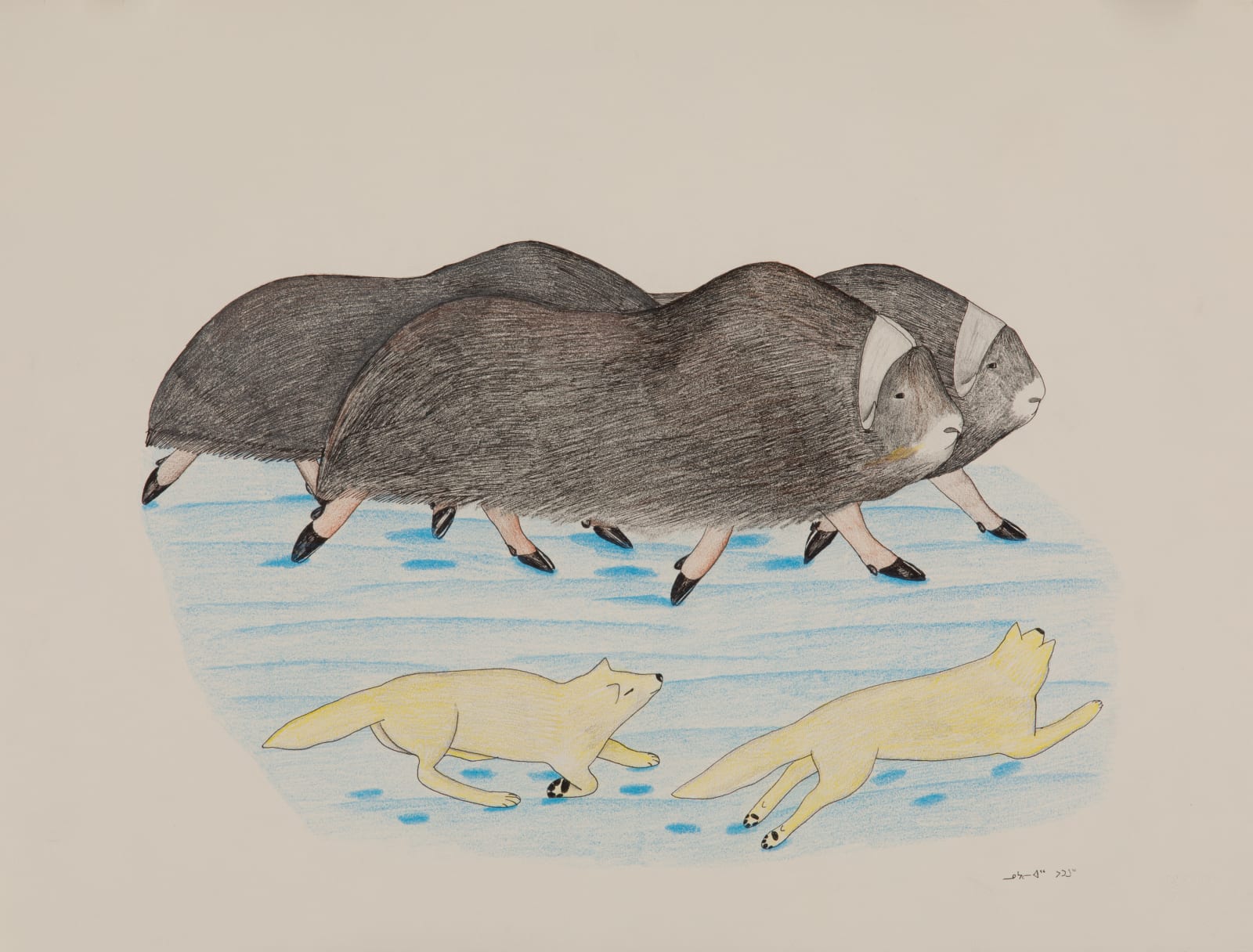 NUJALIA POOTOOGOOK (1972-) KINNGAIT (CAPE DORSET), Wolves in Pursuit of Muskoxen, 1992/93
