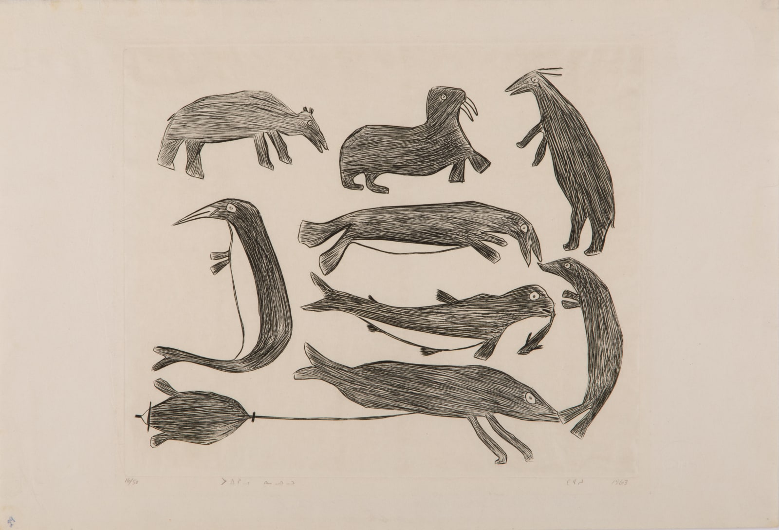 KIAKSHUK (1886-1966) KINNGAIT (CAPE DORSET), Sea Beasts and Bear, 1963 #29