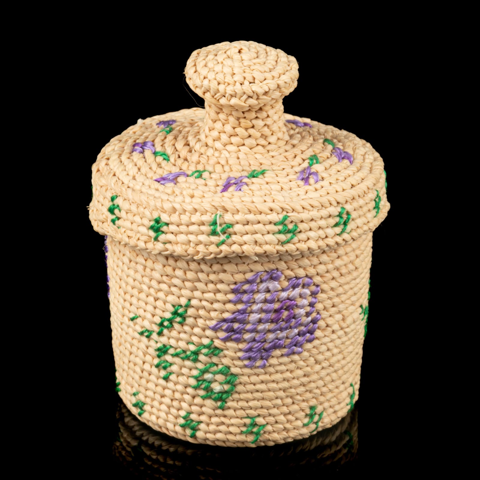 PATSY RUDOLPH (20TH CENTURY) UNANGAX̂ (ALEUT), Miniature Basket with Chunusix (Wild Geraniums), c. mid 1980s