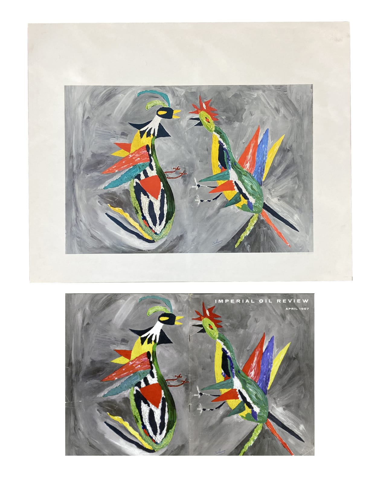 SOHANEY (JACK DOUGLAS HOWARD SCHONEY WILKINSON, DOUG WILKINSON, JACK DOUGLAS WILKINSON, JACK AXEL WILKINSON, JOHNNY CANOE) (1919-1979), HÚŊKPAPȞA LAKȞÓTA NATION, Untitled (Opposing Birds / Fighting Cocks), c. 1957