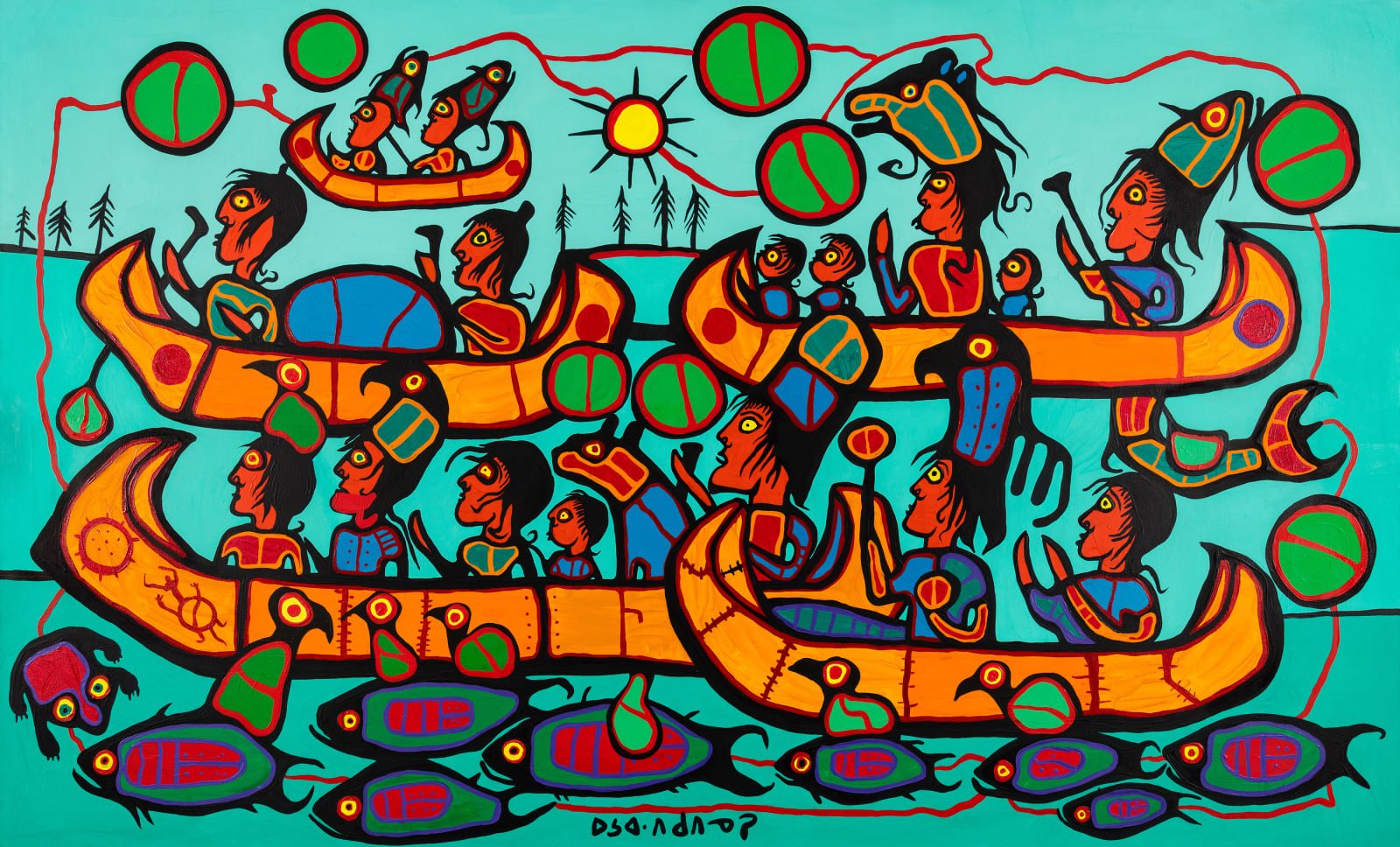 NORVAL MORRISSEAU, C.M. (1931-2007) ANISHINAABE (OJIBWE), The Great Migration of the Ojibwa People, 1989