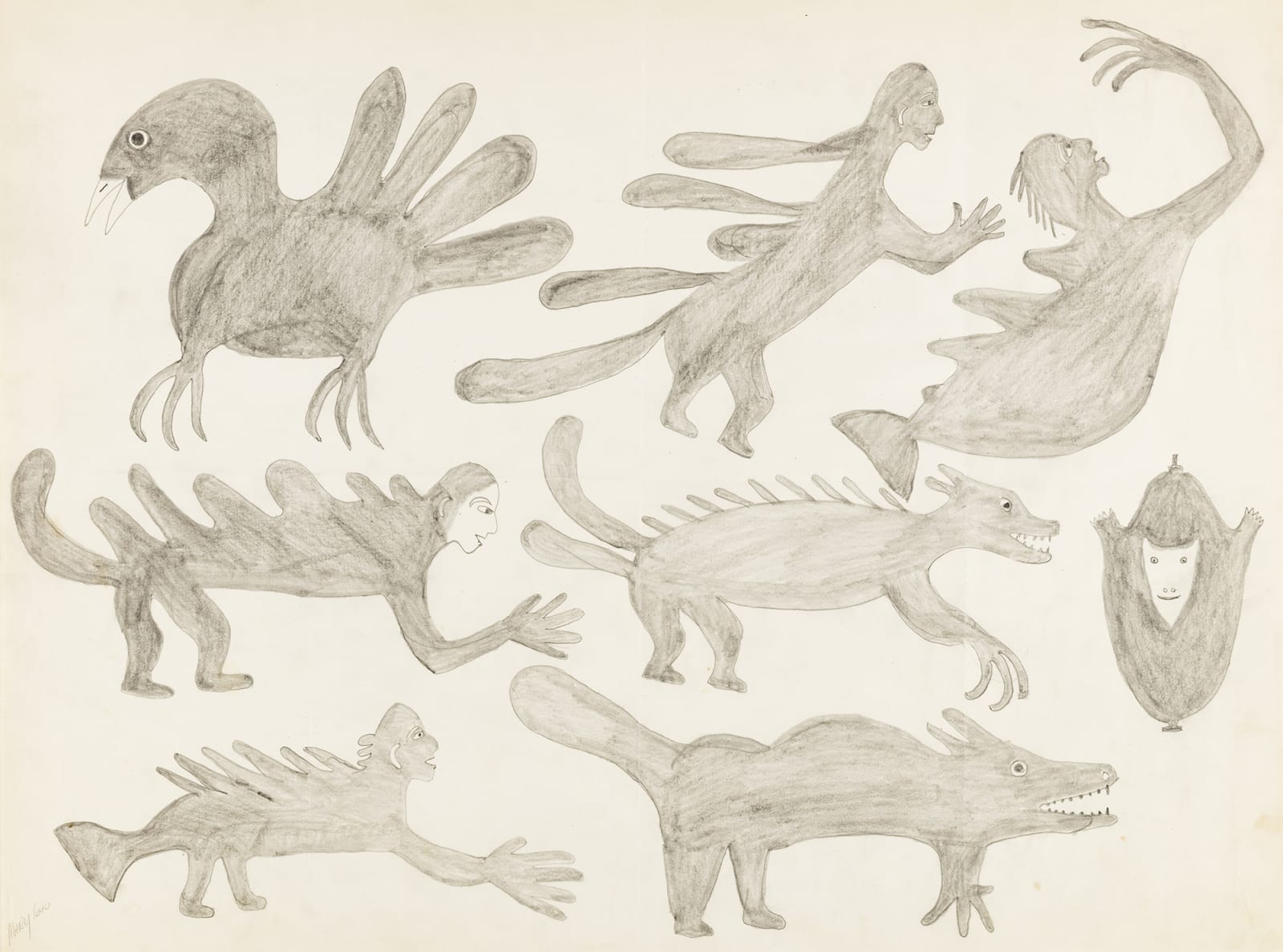 MARY IGIU (1925-1968) KINNGAIT (CAPE DORSET), Scene of Fantastic Beasts, c. 1960