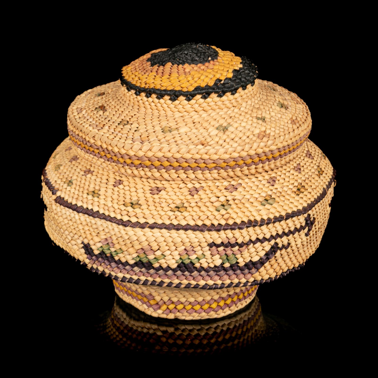ELLA THOMPSON (20th Century), NUU-CHAH-NULTH, UCLUELET, BC, Pedestaled Lidded Basket, with Whaling Scene and Pinwheel Design, 1970