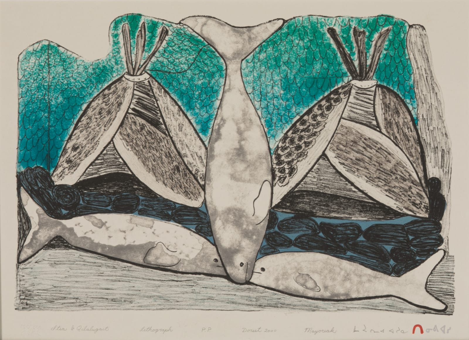MAYOREAK ASHOONA, R.C.A. (1946-) KINNGAIT (CAPE DORSET), Itsa & Qilalugait (Seal-skin Tent & Beluga Whales), Spring 2000 #12