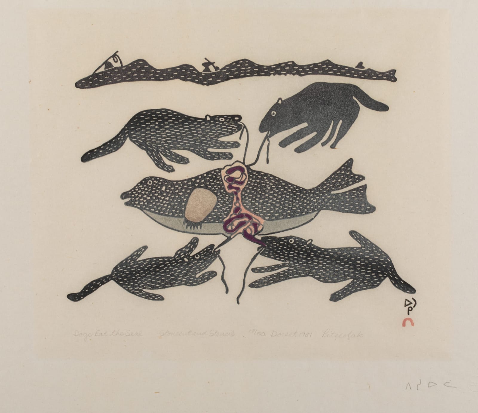 PITSEOLAK ASHOONA, R.C.A., O.C., (1904-1983) KINNGAIT (CAPE DORSET), Dogs Eat The Seal, 1981 #45