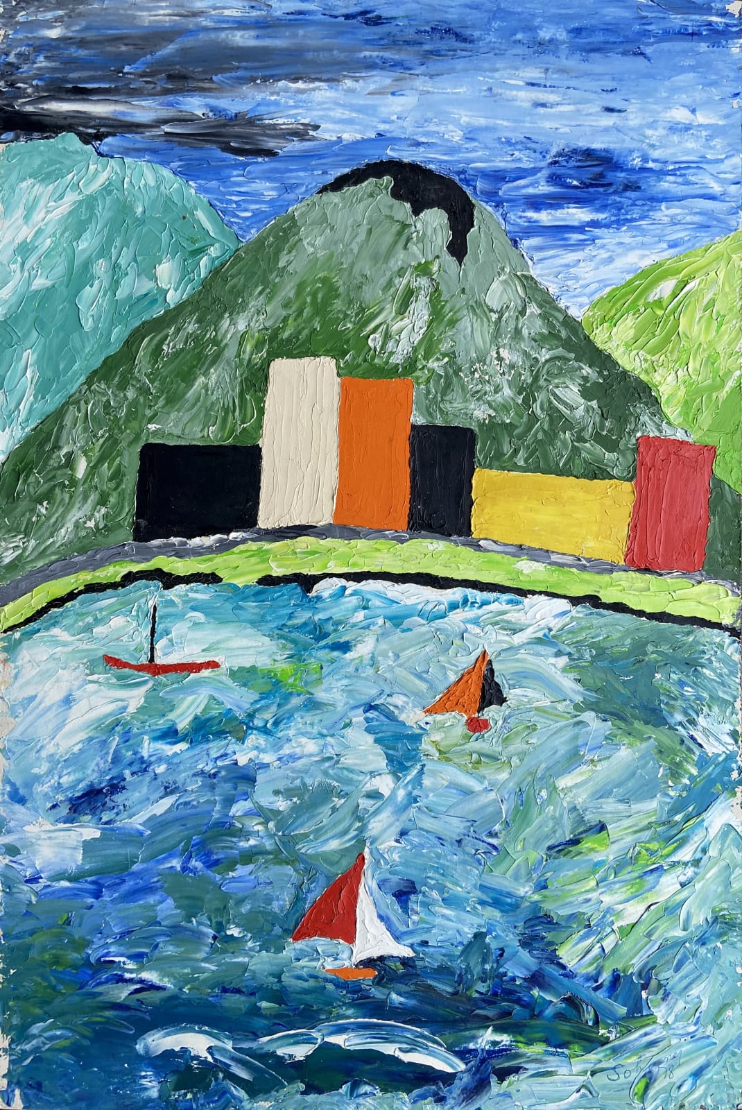 SOHANEY (JACK DOUGLAS HOWARD SCHONEY WILKINSON, DOUG WILKINSON, JACK DOUGLAS WILKINSON, JACK AXEL WILKINSON, JOHNNY CANOE) (1919-1979), HÚŊKPAPȞA LAKȞÓTA NATION, Untitled (Landscape with Mountains, Costal Settlement, and Sail Boats), 1978
