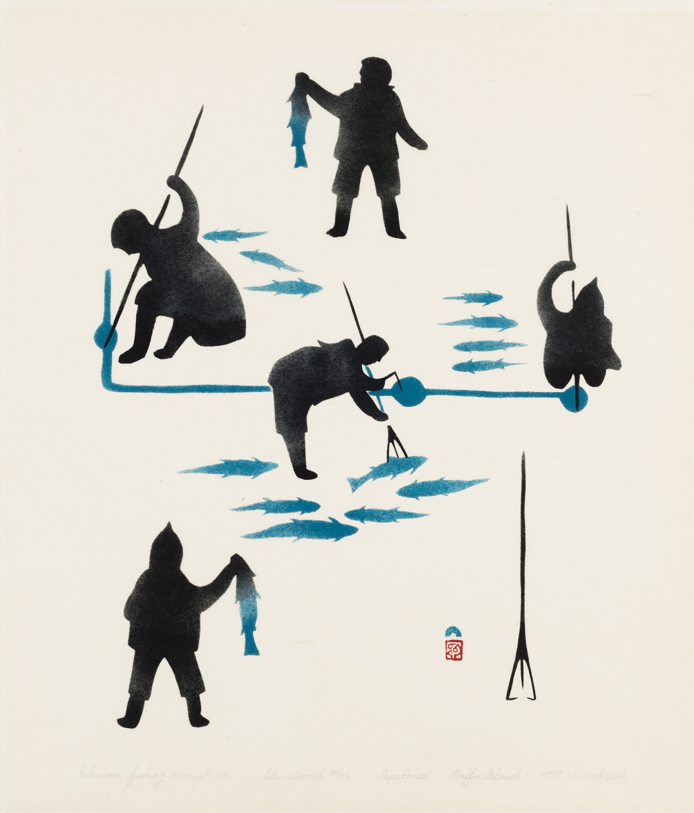 NIVIAQSI (NIVIAKSIAK) (1908-1959) KINNGAIT (CAPE DORSET), Eskimoes [Sic] Fishing Through Ice, 1959 #1