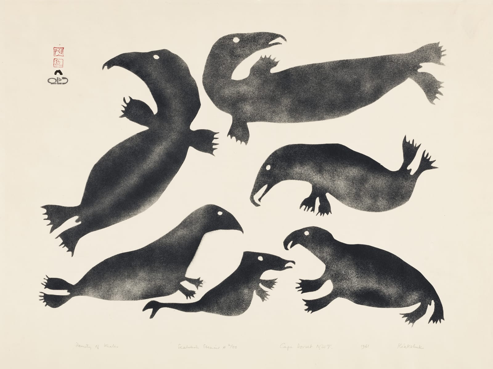 KIAKSHUK (1886-1966) KINNGAIT (CAPE DORSET), Family of Whales, 1961 #10