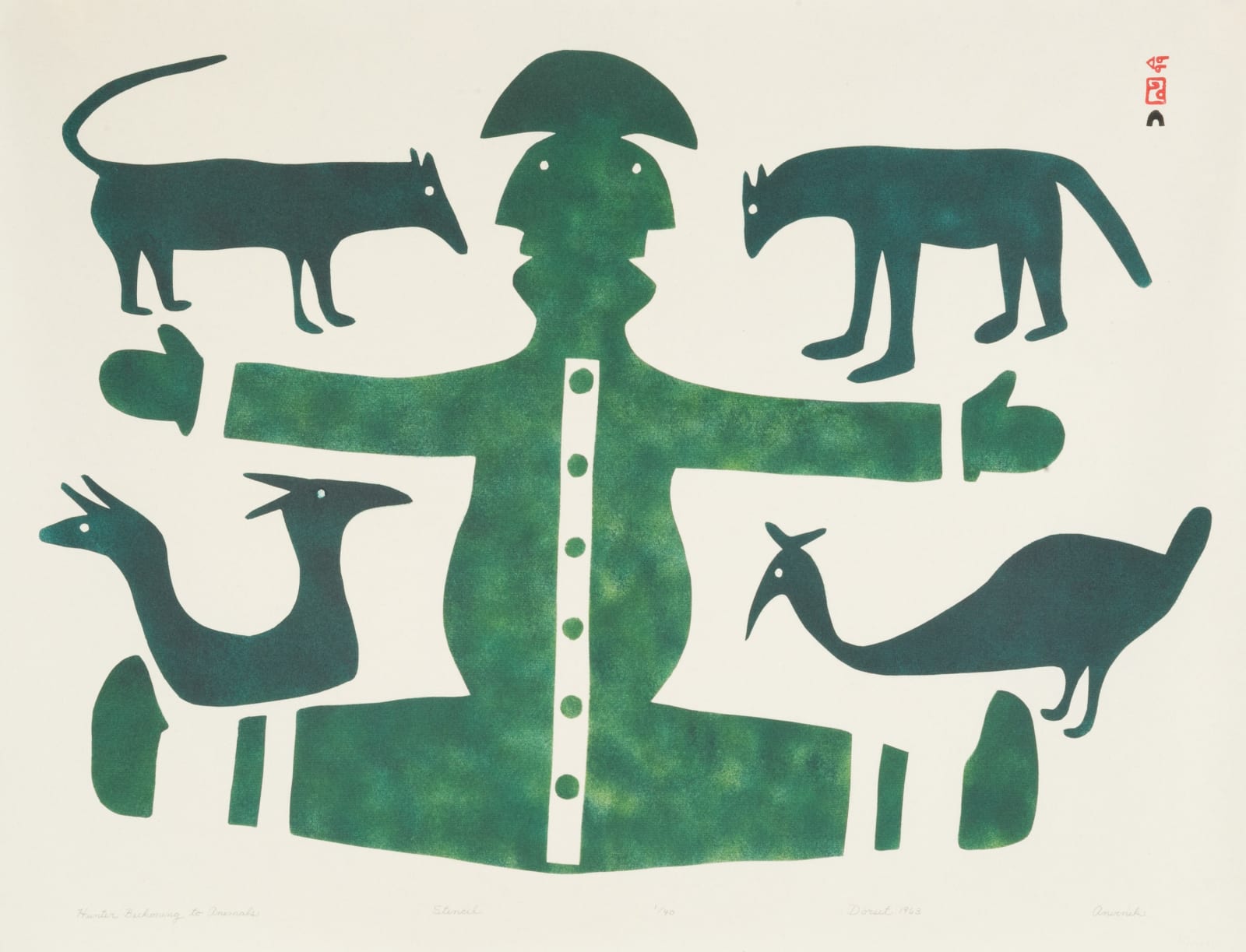 ANIRNIK OSHUITOQ (1902-1983) KINNGAIT (CAPE DORSET), Hunter Beckoning to Animals, 1963 (2002, Special Release)