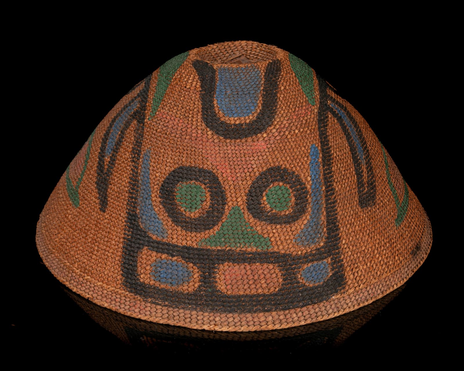 UNIDENTIFIED NUU-CHAH-NULTH or MAKAH ARTIST, Painted Rain Hat with Bubble Feeding Baleen Humpback Whale Design, c. 1920s or 1930s