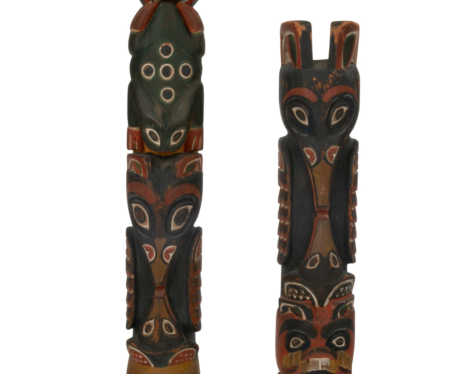 ALBERT BERRY SHOP CARVER / UNIDENTIFIED TLINGIT ARTIST, Three Works: Two Divided Raven Totem (Kiks.ádi) Model Poles and One Strongman Splitting a Sea Lion, before 1909