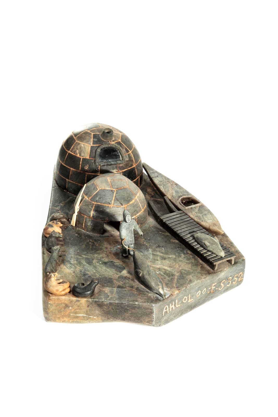 ALOOLOO INUTIQ (1932-1985) KANGIQTUGAAPIK (CLYDE RIVER), Tableaux Camp Scene with Igloo, Man, and Dog Team, mid 1960s