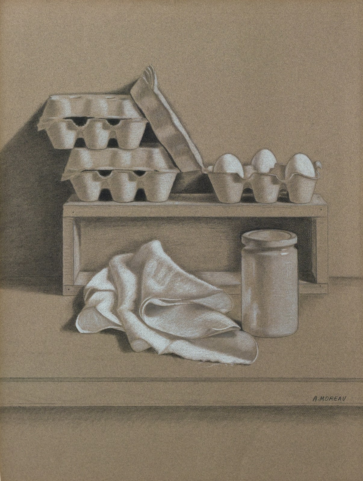 Aimée Moreau, 8. Boîte à œufs, bocal et chiffon, ca. 1980