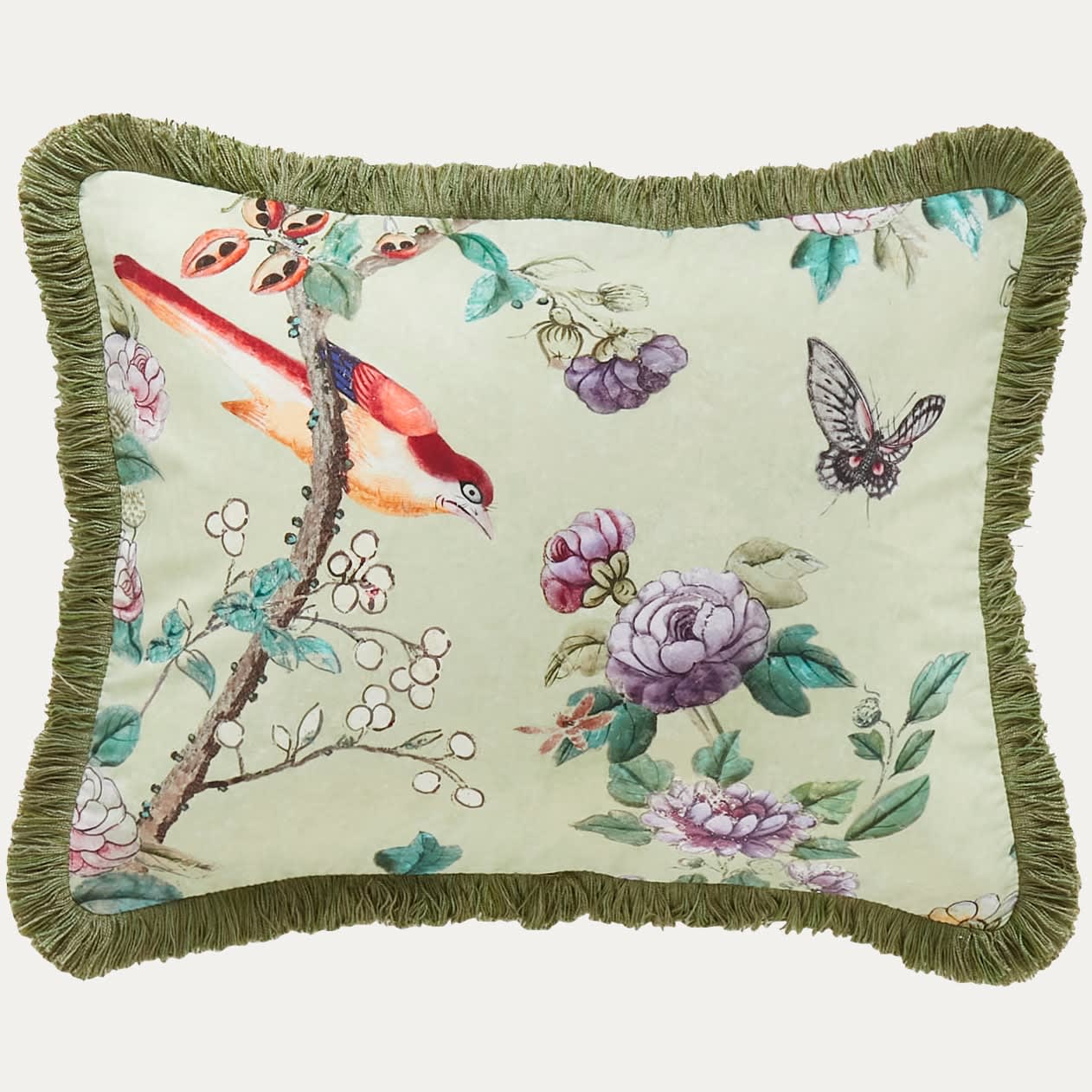 Antoinette Poisson Canton Green Cushion with Fabric Both Sides and Brush Fringe